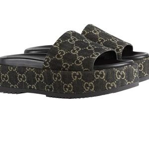 Gucci Angelina Platform 55 mm Sandal Black Jacquard Denim